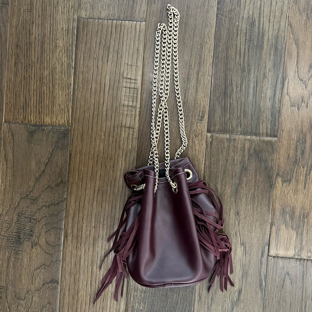 Nine West Burgundy Fringe Mini Bucket Purse Drawstring Chain Strap